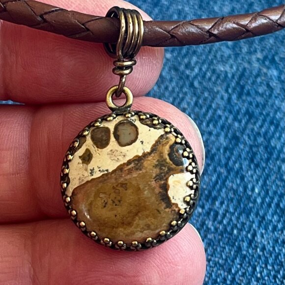 Braided Leather Necklace, Picture Jasper Pendant, Womens Mens Layering Necklace - Picture 6 of 7